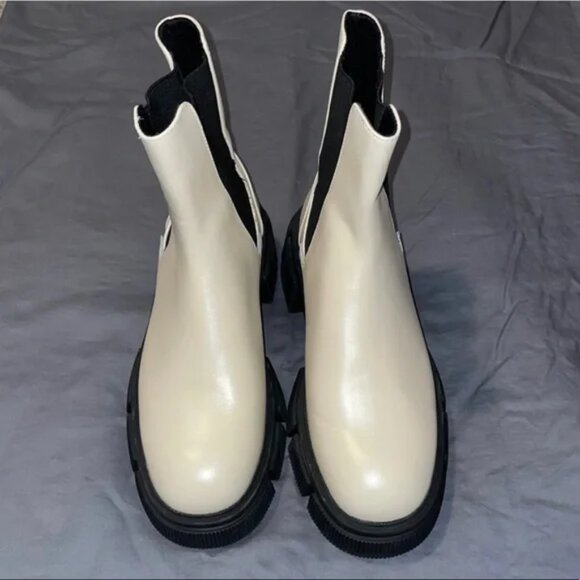 Zara Ecru Slip-On Lug Sole Leather Combat Chelsea Boots - Picture 5 of 9